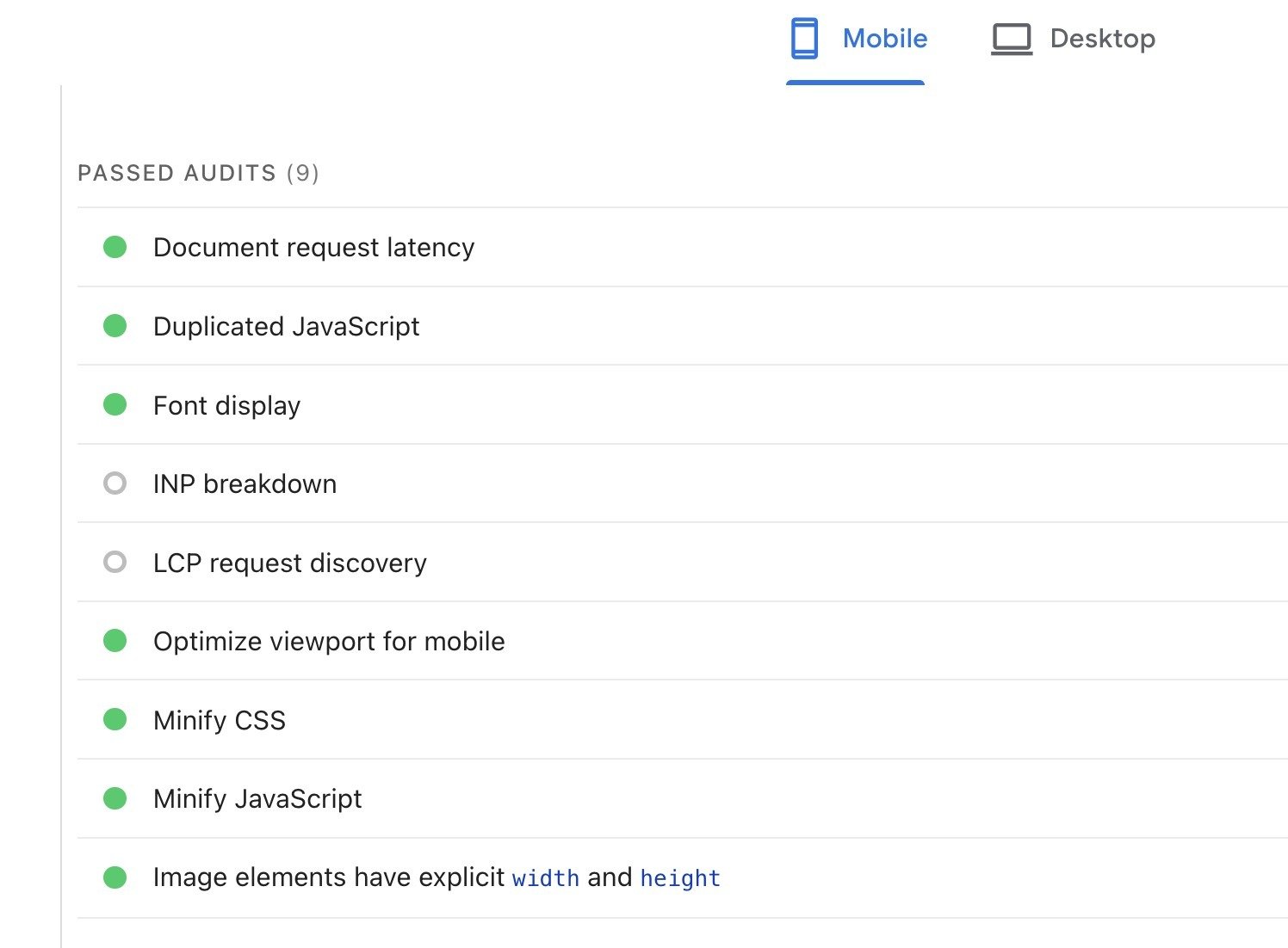 PageSpeed Insights report showing the “Passed Audits” section with mobile-friendly checks such as viewport configuration and readable font sizes.
