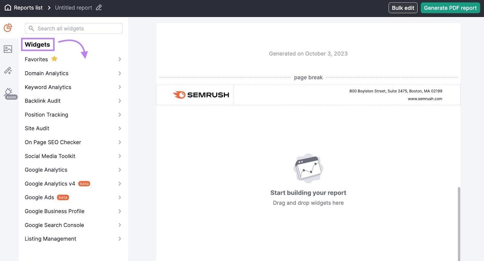 "Widgets" menu on the left in My Reports tool