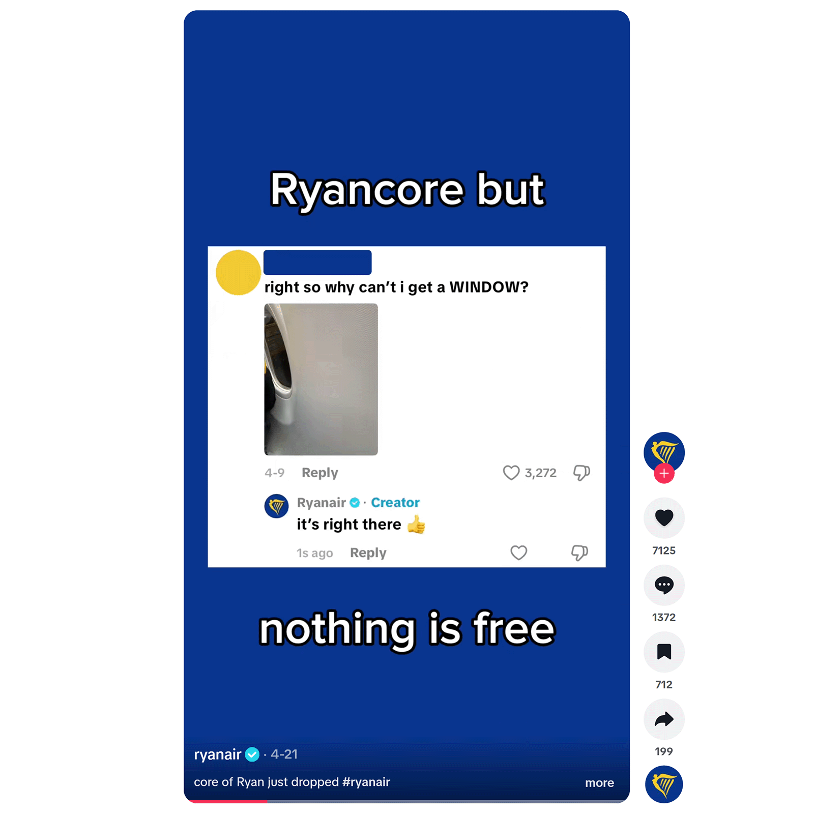 Ryanair TikTok post using humor and customer replies to drive engagement on social media