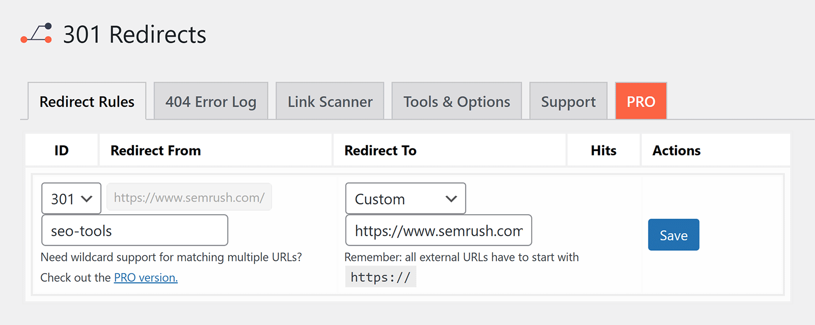 301 redirect plugin interface with URL path entered and custom destination set to sem2.zeeshanseotools.com URL.