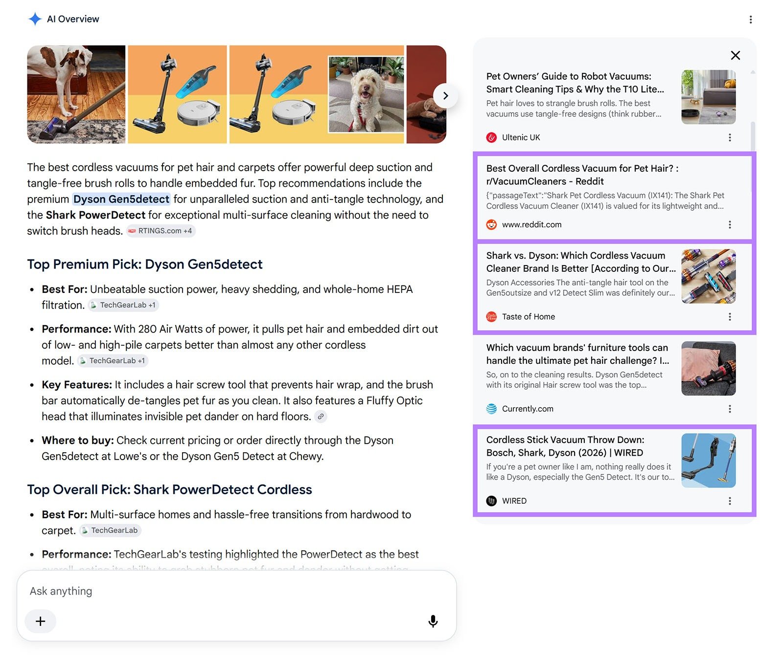 AI Overview for pet hair vacuums with cited sources from Reddit, review sites, and publishers