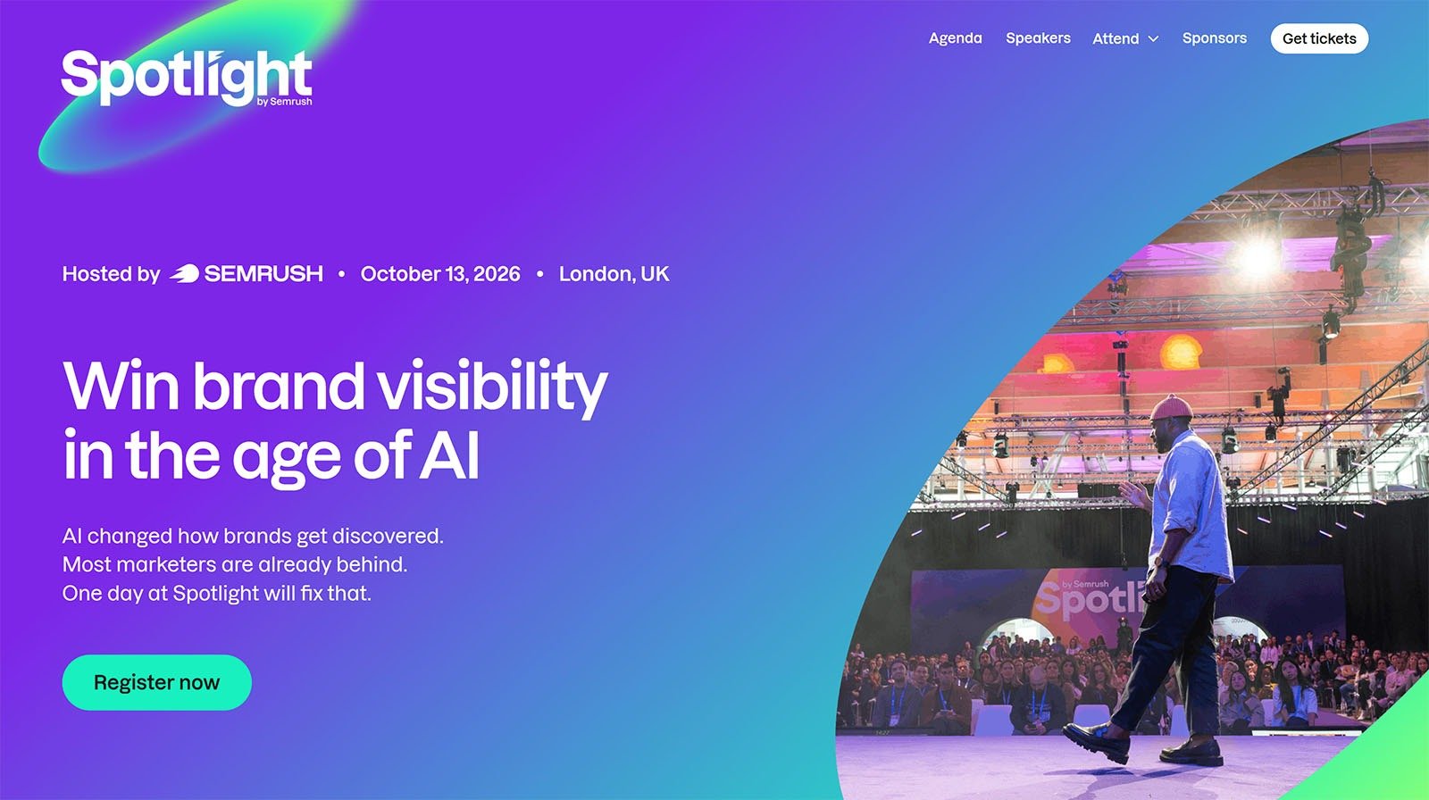 Semrush Spotlight event page promoting an AI brand visibility conference in London on October 13, 2026