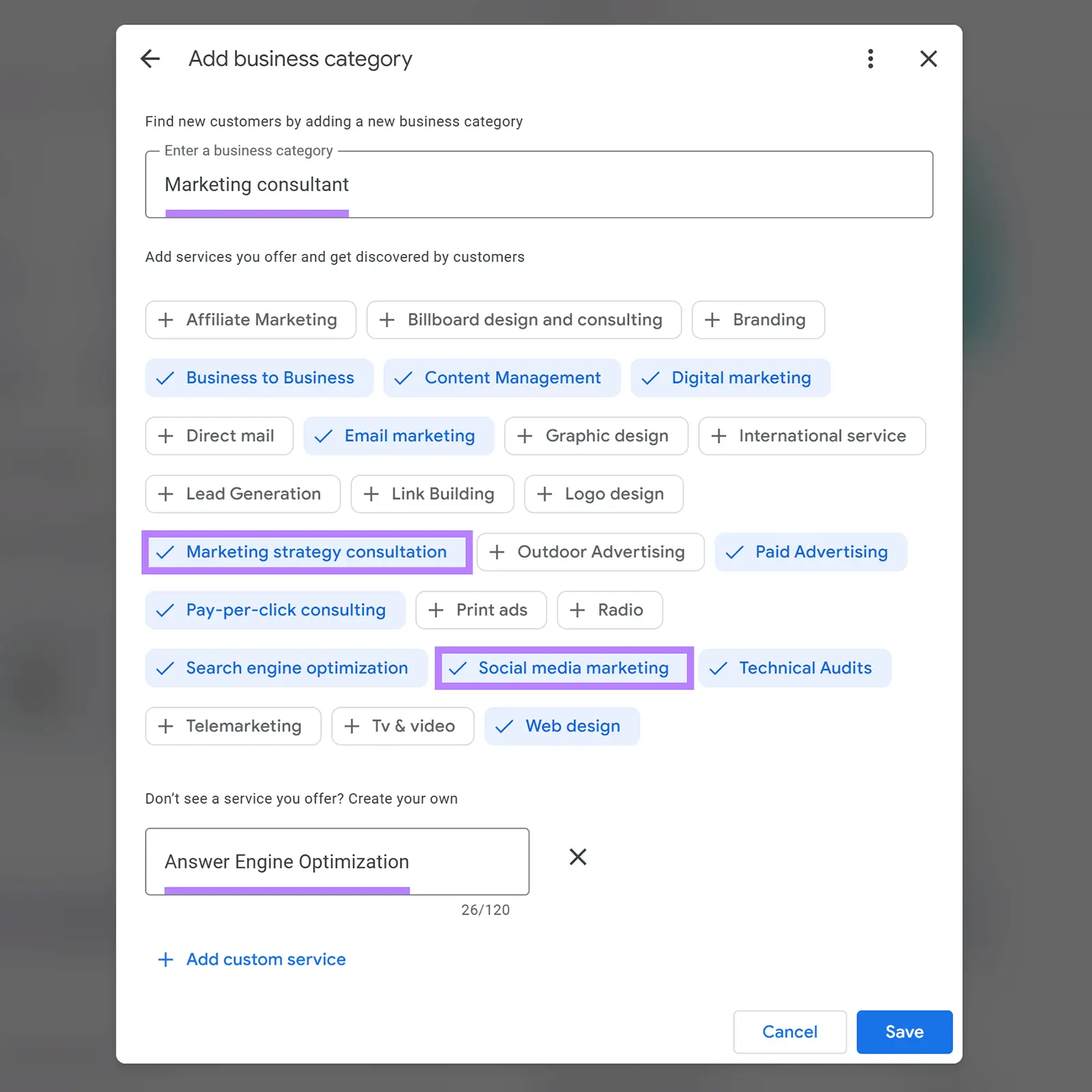 The "Add business category" window on GBP with different services selected.