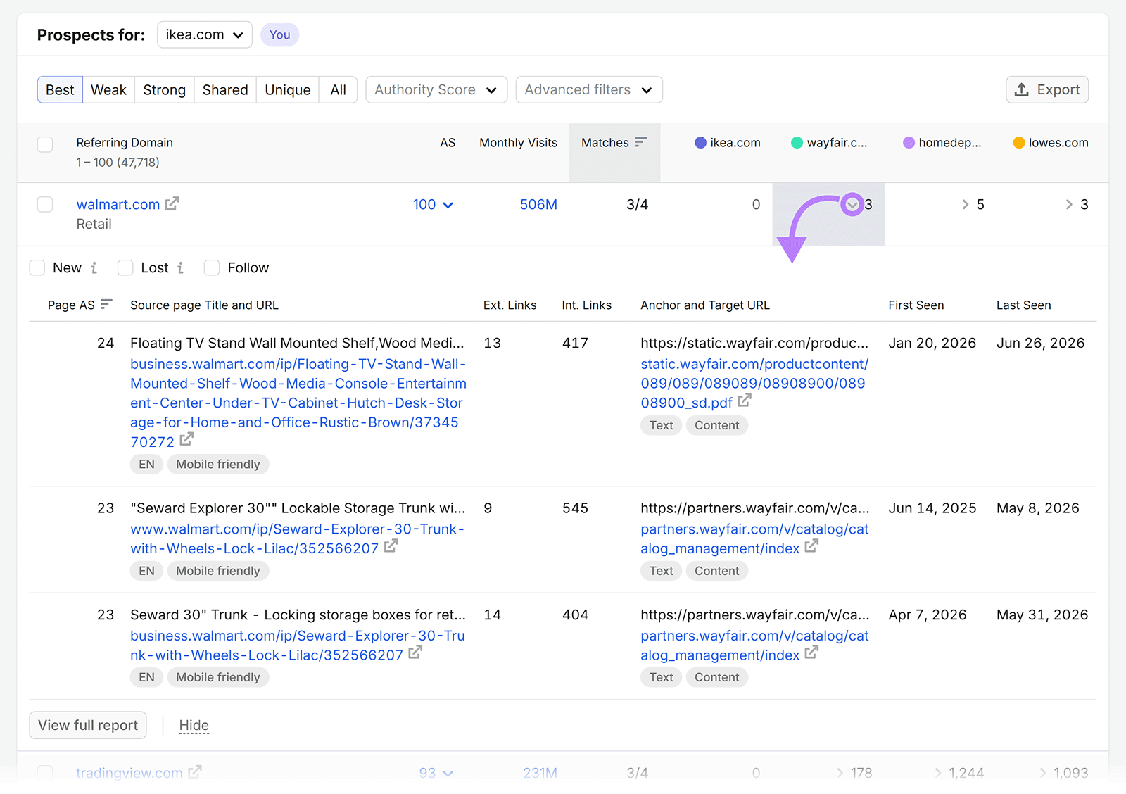 Backlink Gap prospects report showing referring domains linking to competitors but not the target site