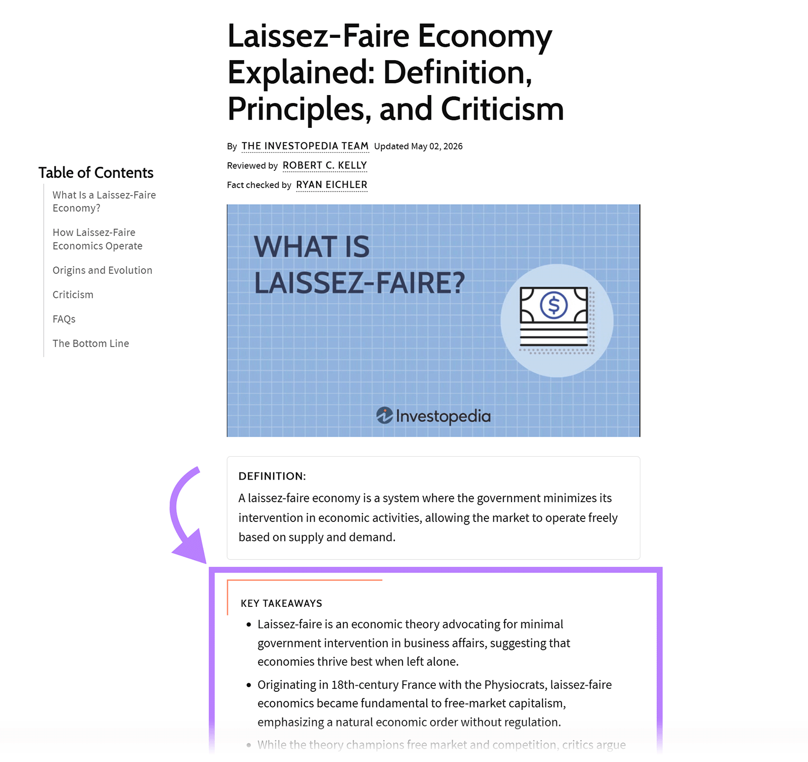 Investopedia article with the definition and key takeaways about a laissez-faire economy highlighted
