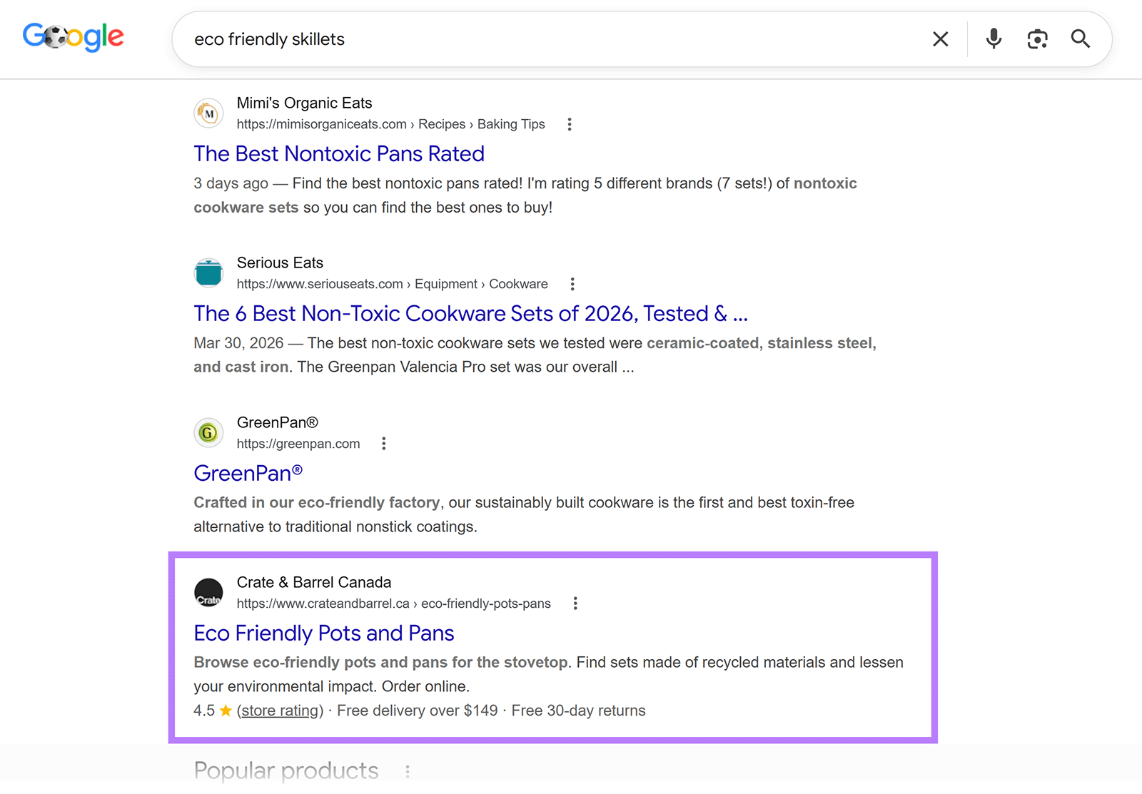 Google results for “eco friendly skillets” with a structured result from Crate & Barrel highlighted