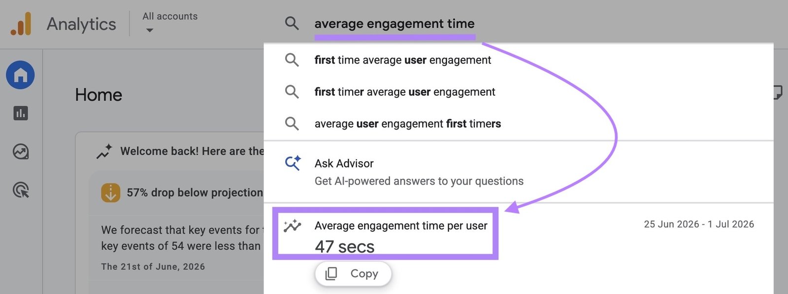 "average engagement time" entered in the GA4 search bar which surfaces the metric directly below.