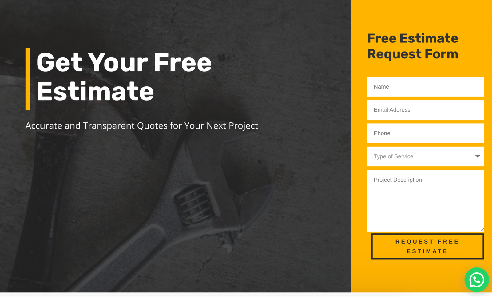 Landing page offering a free repair estimate through a contact form.