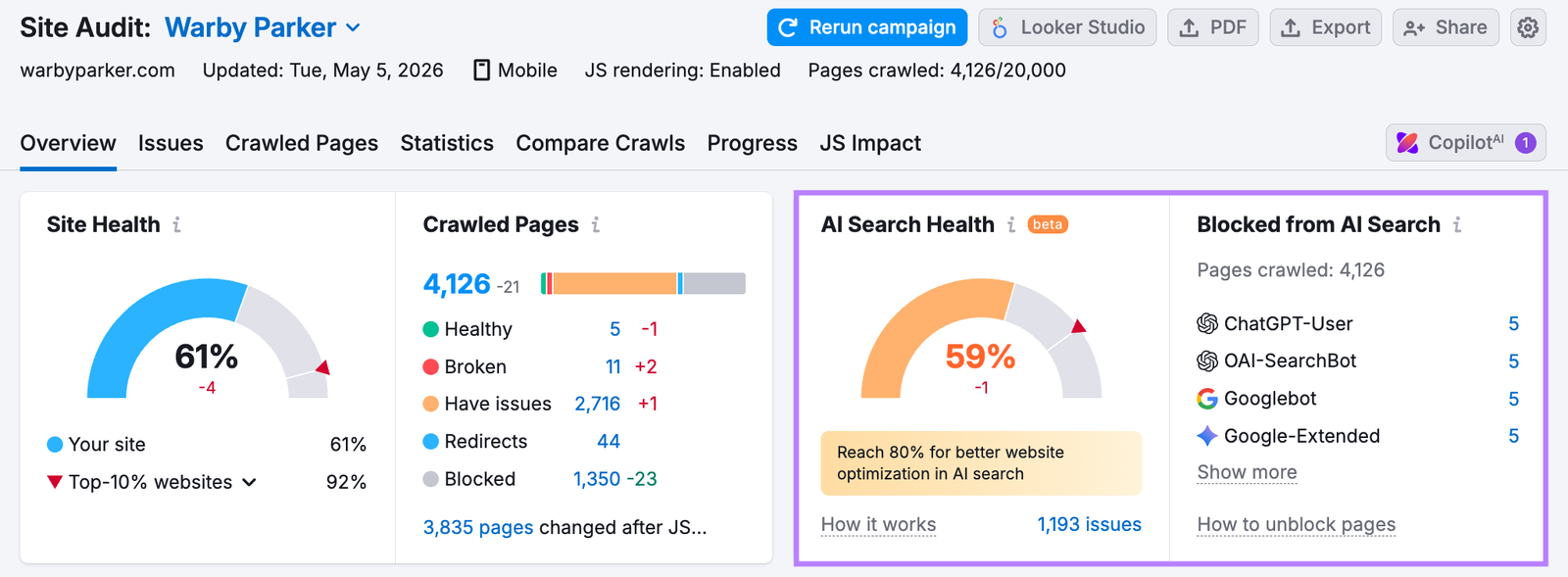 The Overview report in Site Audit shows any issues with AI crawlers' ability to access your site.