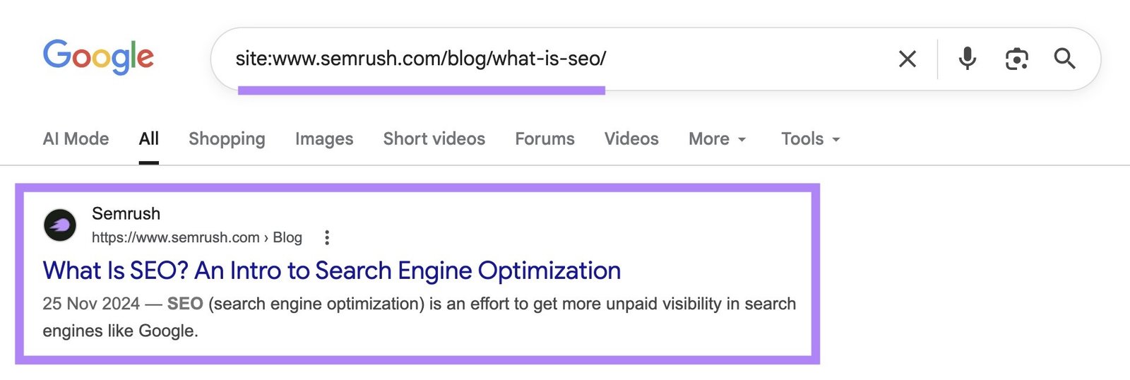SERP for “site:sem2.zeeshanseotools.com/blog/what-is-seo/” with the top result highlighted.