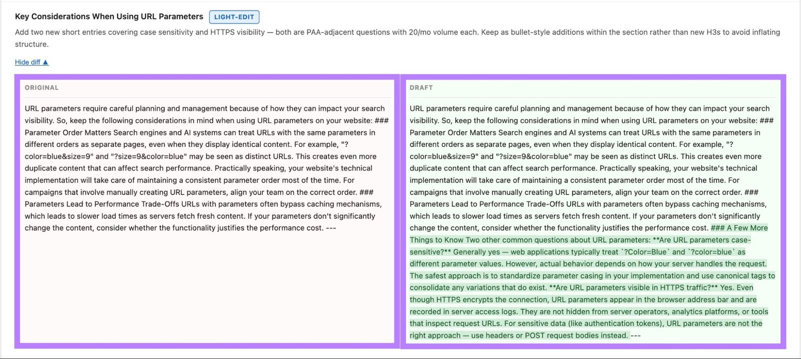 A side-by-side comparison of original versus draft with new URL parameter guidance added to an existing content section.