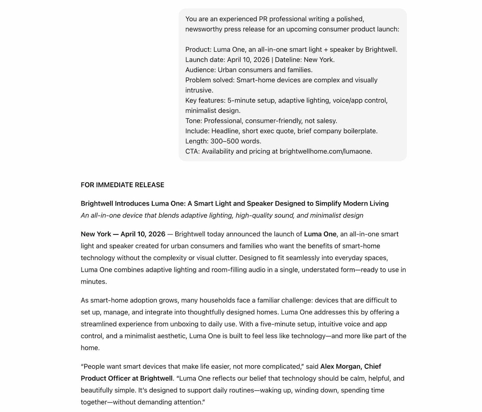 ChatGPT generating a detailed press release for a consumer product based on a prompt.