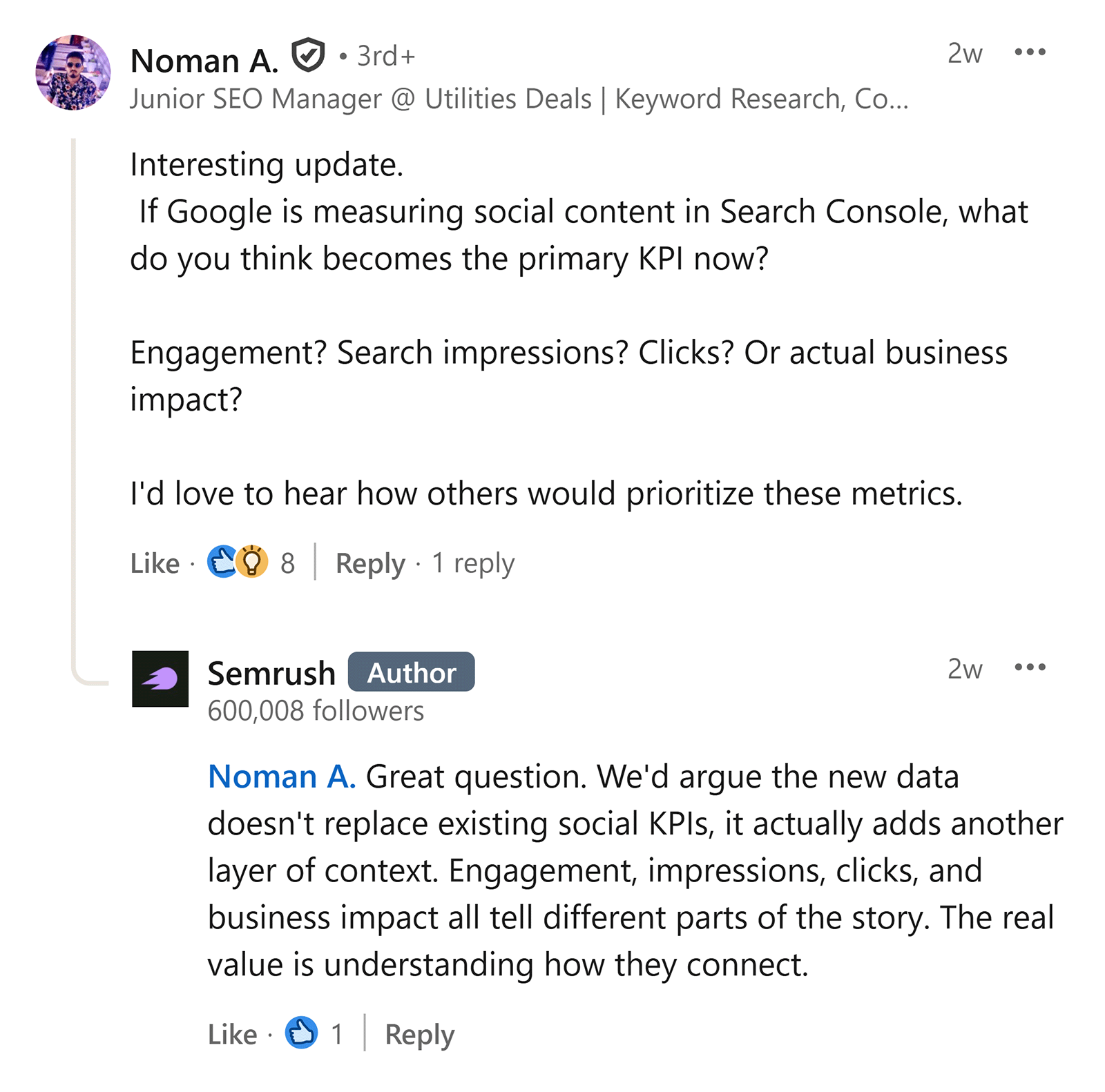 LinkedIn discussion about measuring social content through engagement, search impressions, clicks, and business impact