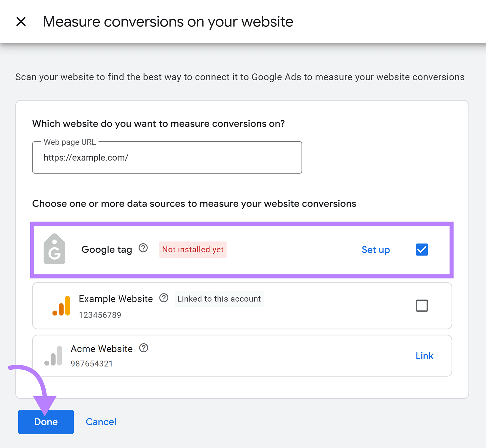 Google Ads conversion setup showing Google tag selection, linked Analytics properties, and Done button