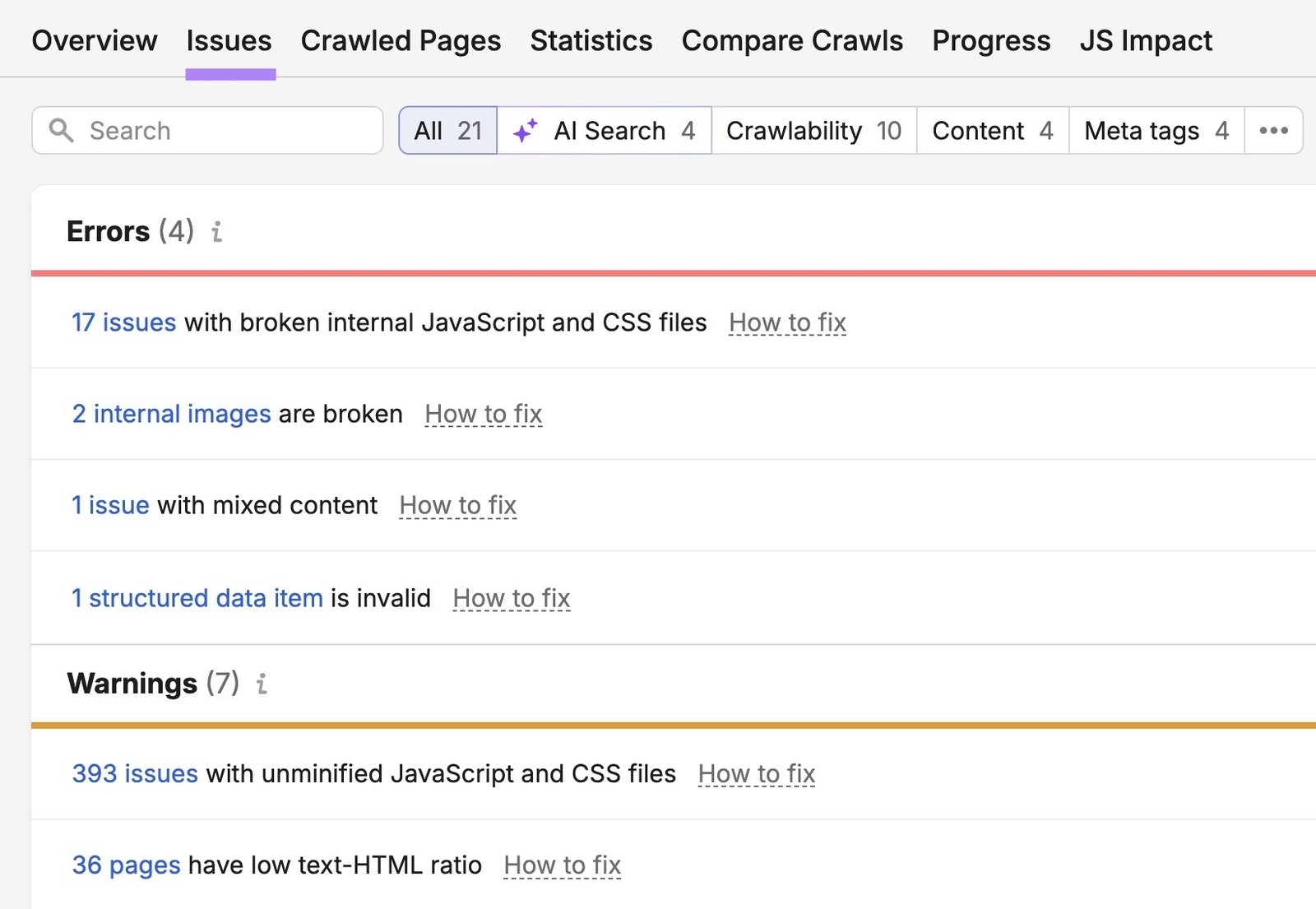The "Issues" tab on Site Audit show site issues categorized into errors, warnings, and notices.