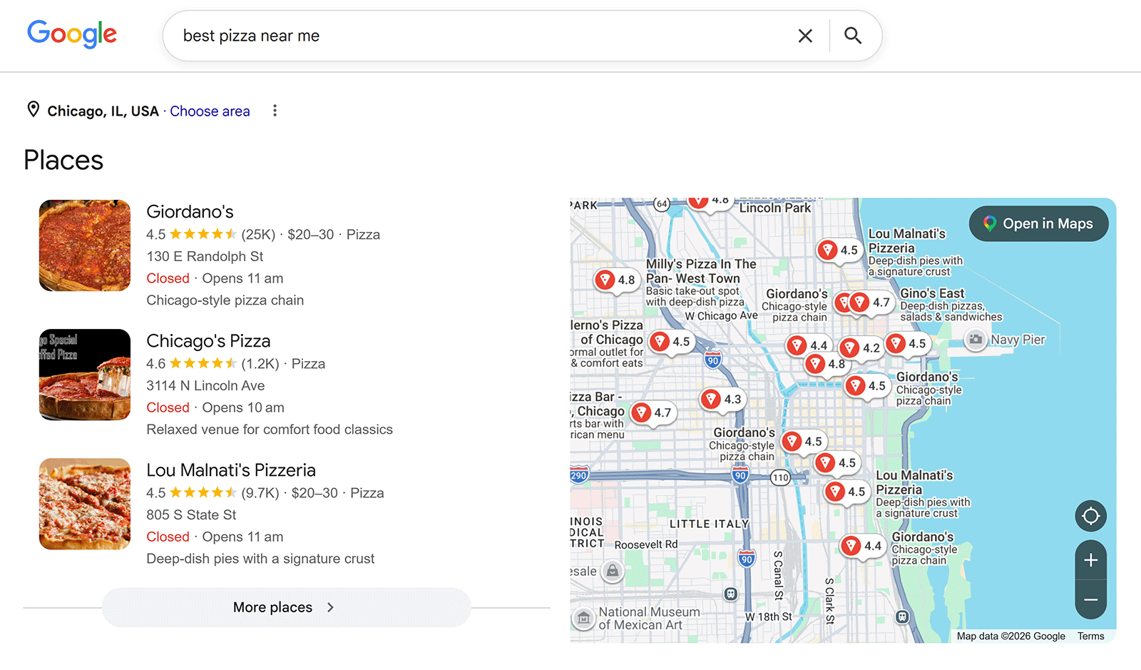 Google local pack results for “best pizza near me” showing Chicago pizza restaurants and map listings