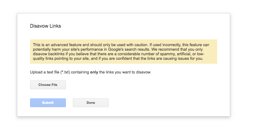 The window shows where to upload your file to disavow links. 