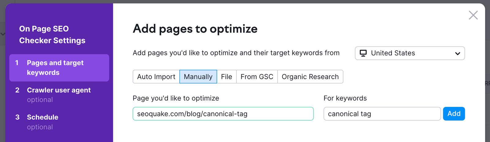 On Page SEO Checker settings pop up.