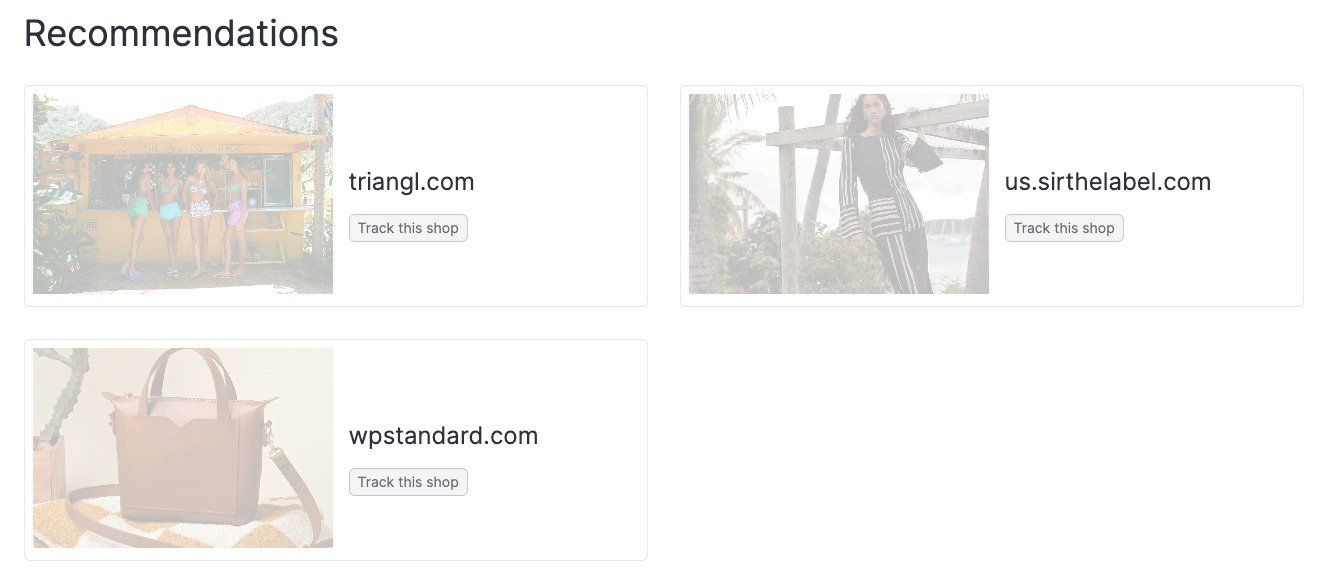 The Recommendations section has faded shop tiles. Each tile has a 'track this shop' button.