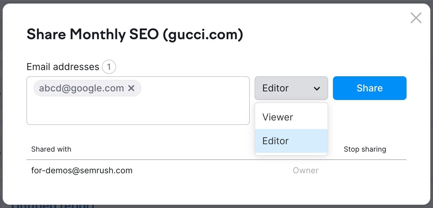 Where to add the email address of who you want to share the report with and where to choose access rights.