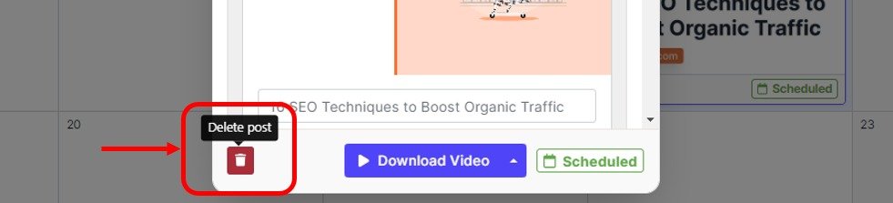 How to delete a scheduled social media post in the Content Calendar.