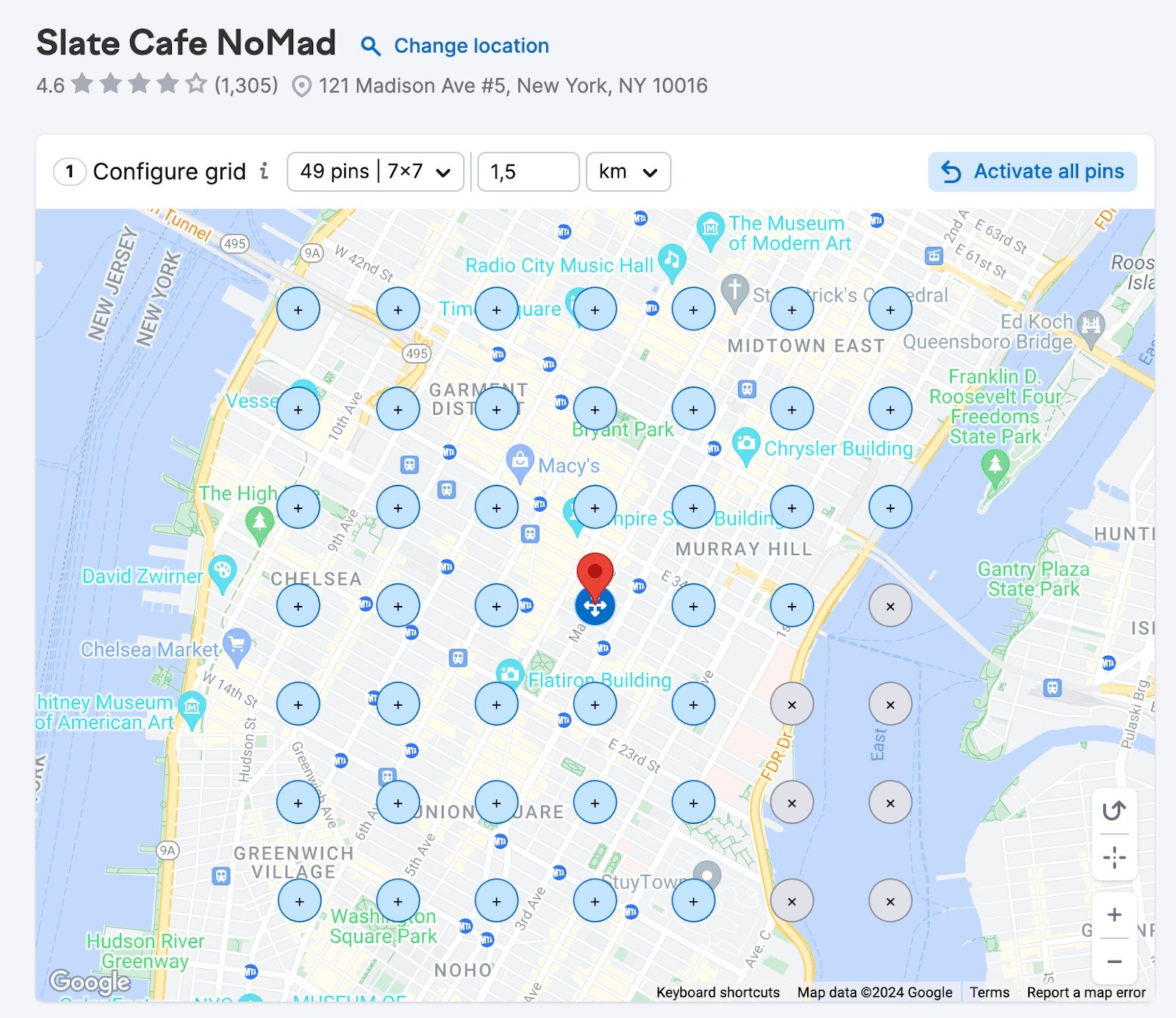 The map that shows a grid of pins that can be disabled by clicking on them.