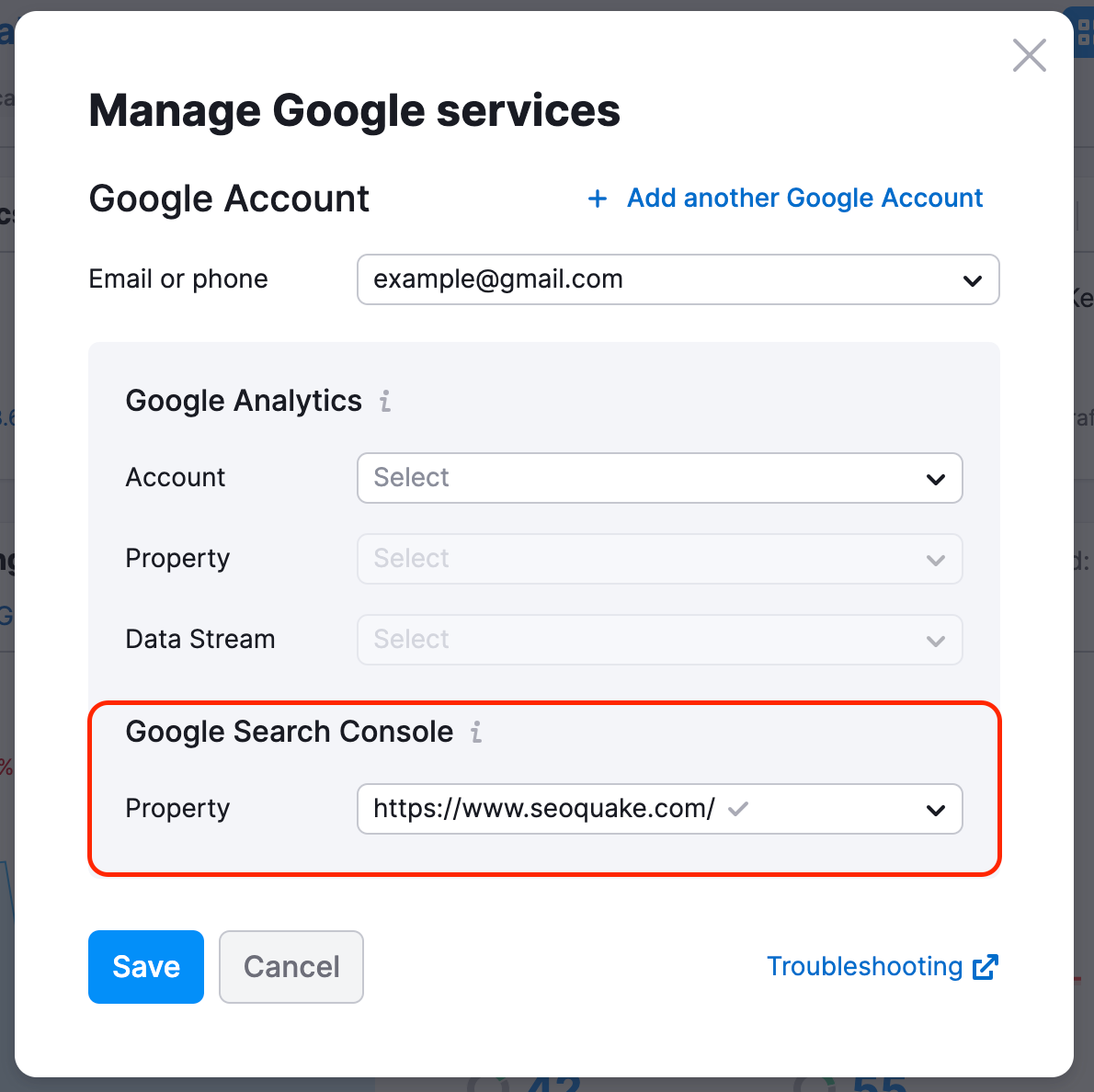 Google Accounts connection wizard with a red rectangle highlighting the Google Search Console property.