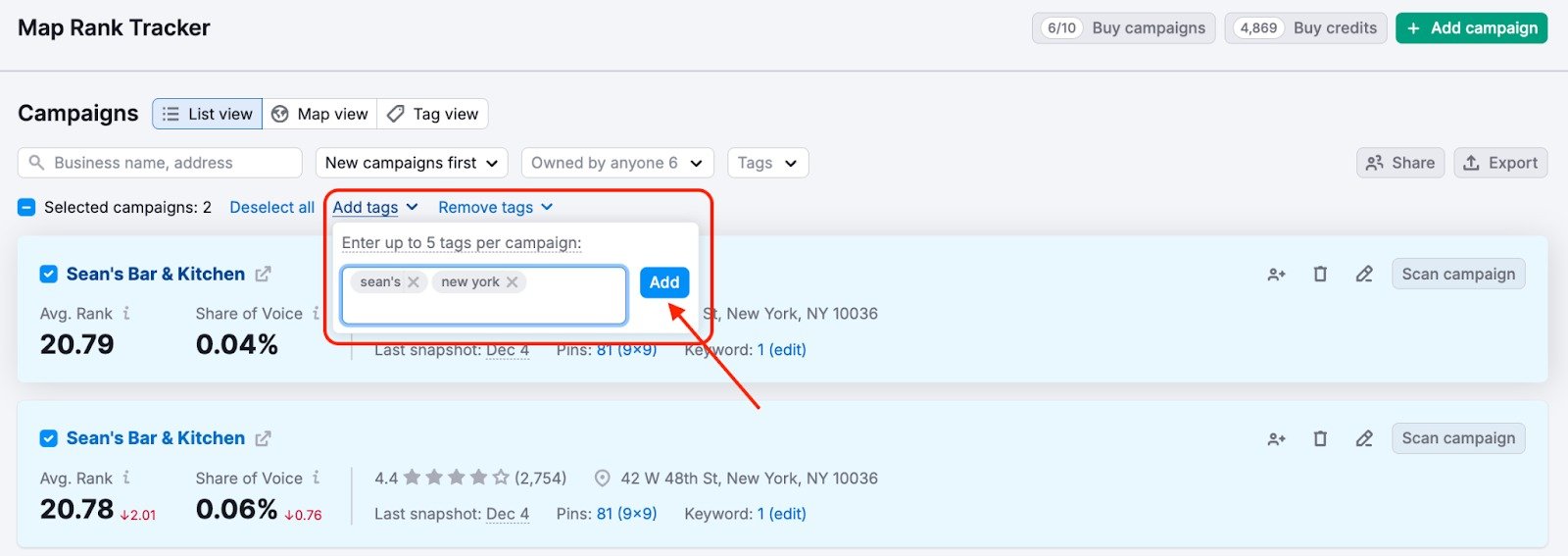 Setting up campaign tags in Map Rank Tracker&nbsp;