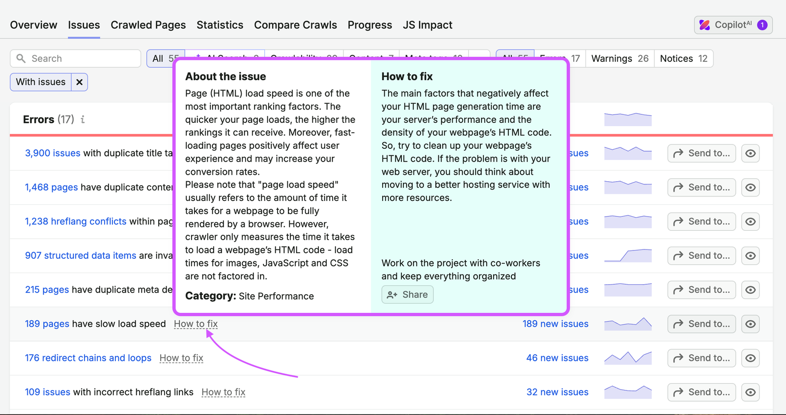 An example of Issues report in Site Audit, demonstrating the list of found Errors. An arrow is pointing at the text "How to fix", suggesting to use it to open a tooltip.